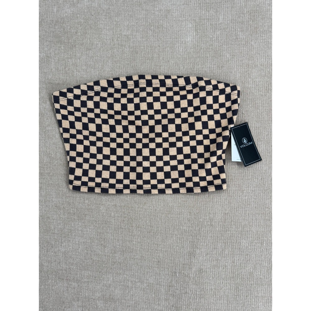 Volcom Stoneway Tube Top Tan Black Checkerboard Strapless Knit Crop Top Medium